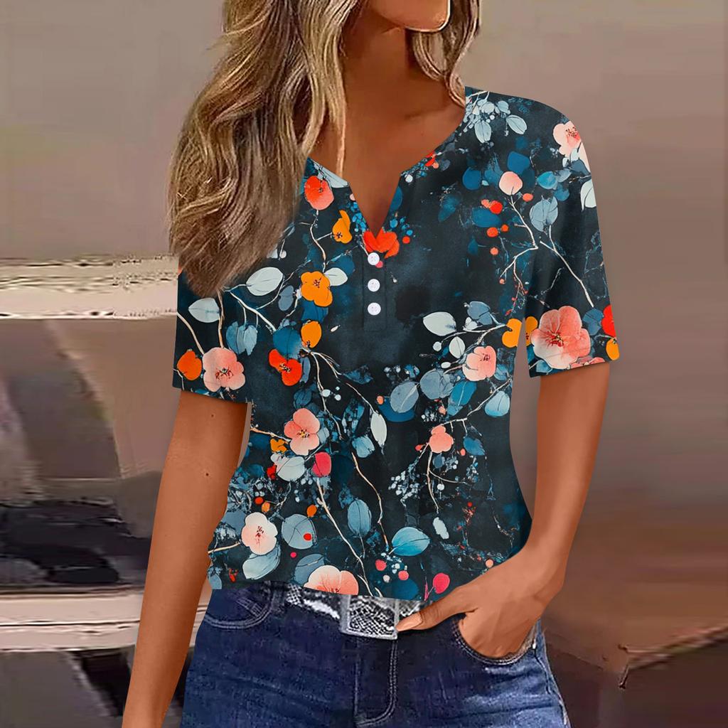 Damen T-Shirt mit Aufdruck und Knopfleiste, kurzärmelig, für den Alltag, Wochenende, modisch, Basic, V-Ausschnitt, normales Oberteil