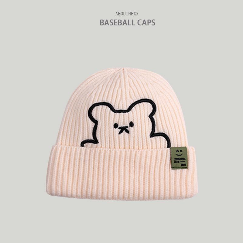 Hats for Women's Autumn and Winter New Bear Embroidered Knitted Hat Korean Style Versatile Wool Hat Couple Smiling Cloth Label Cold Hat Men