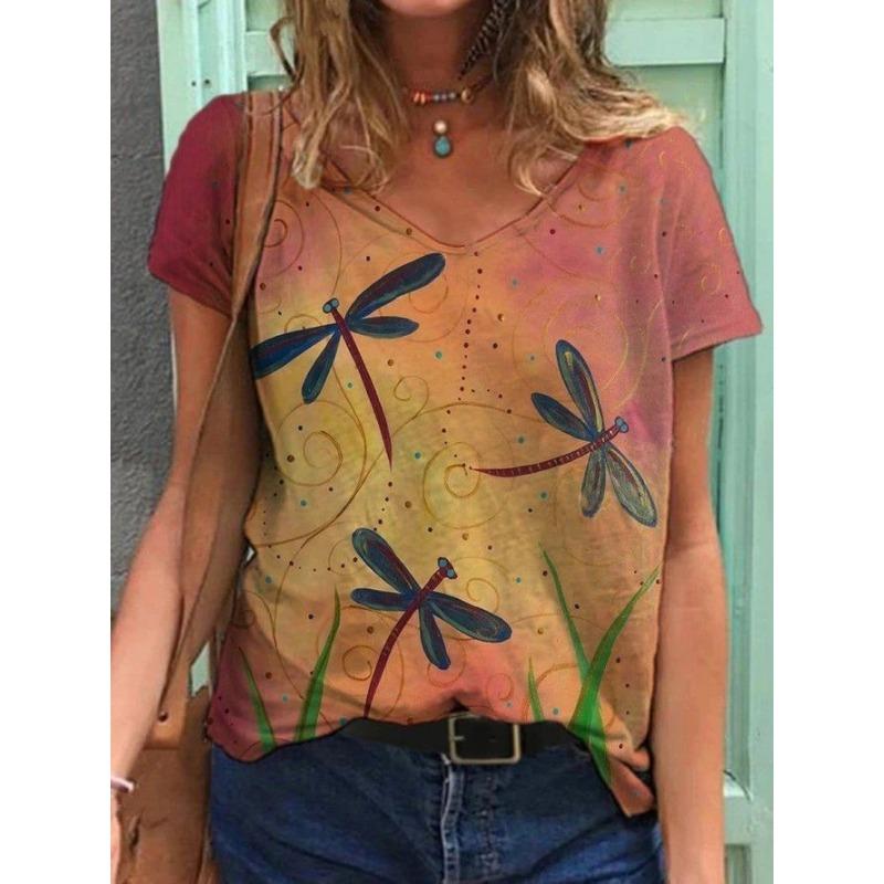 Sommer Schmetterling Libelle 3D V-Ausschnitt Bedruckt Neues Damen Top T-Shirt
