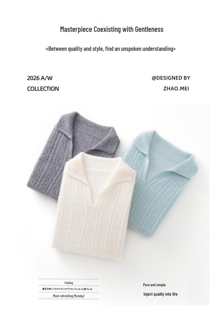 Lekasha 100% Pure Cashmere V-Neck Cable Knit Hollow Stitch Top