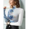 Elegant floral print cheongsam collar T-shirt, suitable for women - long sleeves - suitable for autumn and winter