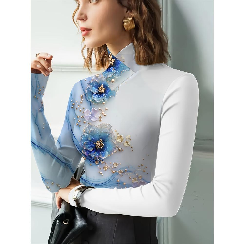 Elegant floral print cheongsam collar T-shirt, suitable for women - long sleeves - suitable for autumn and winter