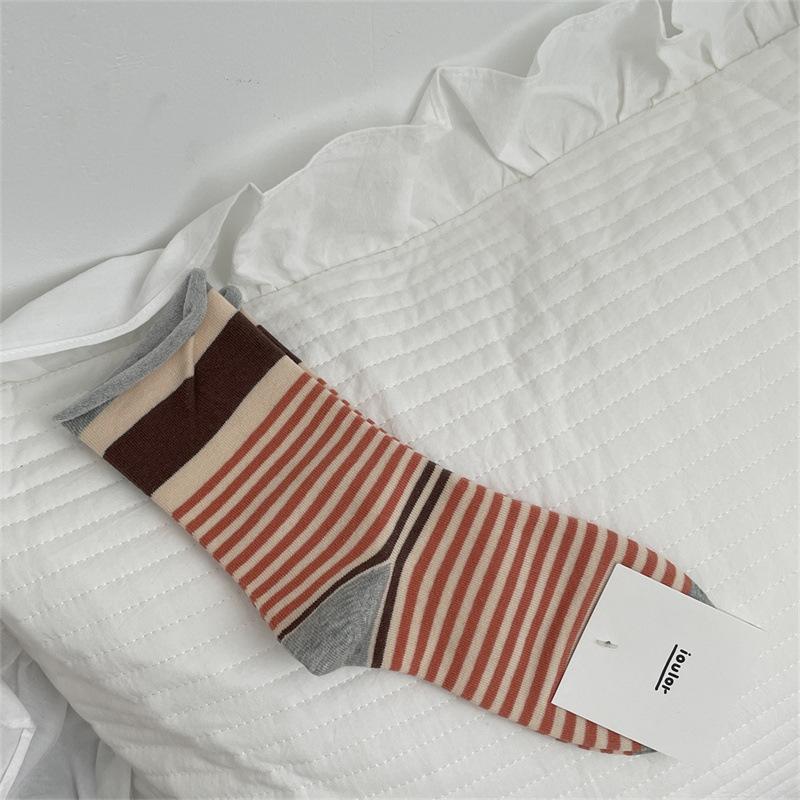 Boneless Rolled-up Socks, Women's Color-blocking Striped Mid-calf Socks, Spring and Autumn Casual and Versatile Long Calf Pile Socks