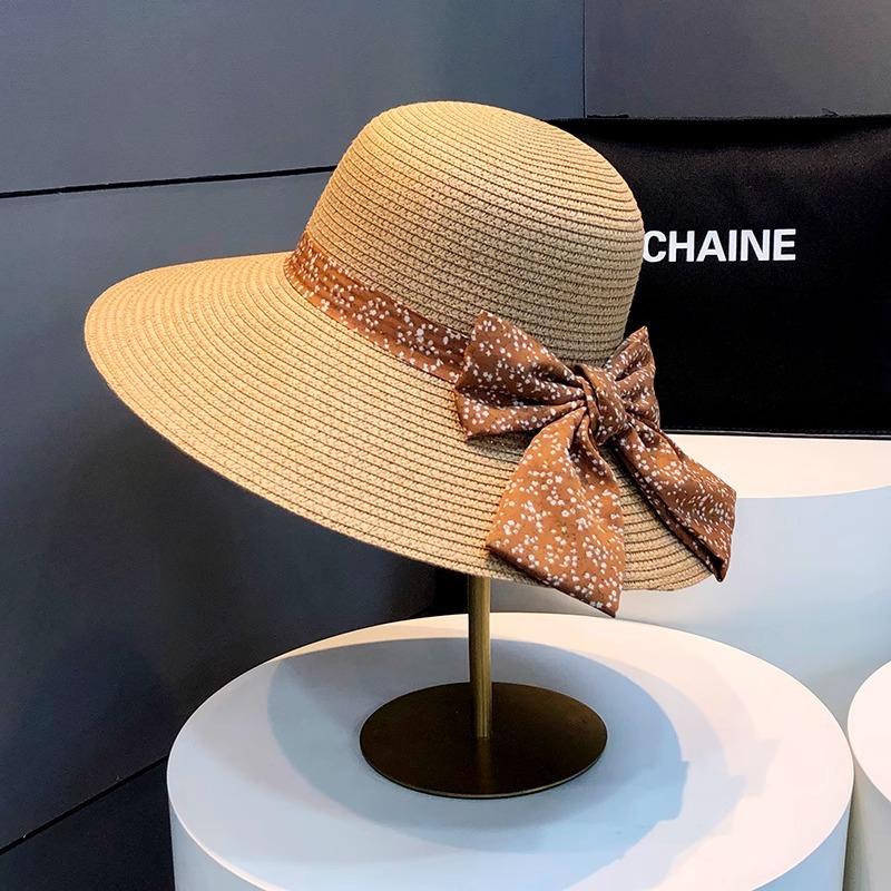 Hepburn style straw hat seaside vacation sun hat summer straw braided big brim temperament bow sun hat women's