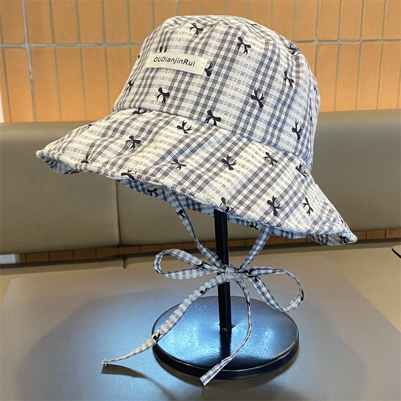 

Летняя корейская версия универсальной литературной шляпы-панамы в клетку с бантом, женская шляпа от солнца с завязками, шляпа-маленький тазик, подчеркивающая лицо