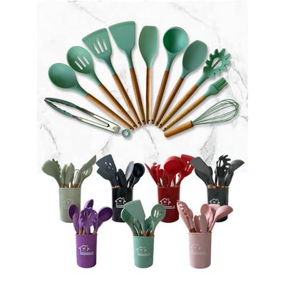 Silicone Kitchenware Cooking Utensils Set Non-stick Cookware Spatula Shovel Egg Beaters Wooden Handle Kitchen Cooking Tool Set