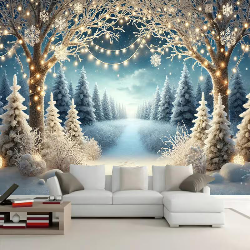 2D Dreamy Winter Wonderland Backdrop, Frosty Forest with Glowing Lights and Snowflakes Background 47.2x31.5inch/120*80cm