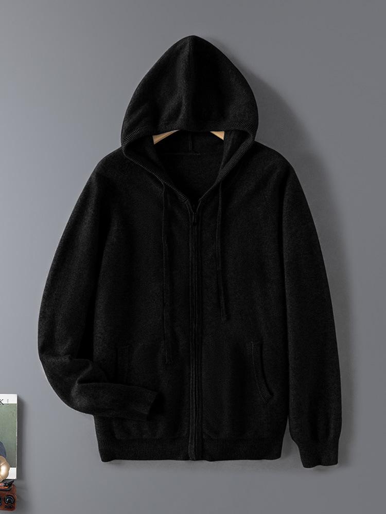 Men's Hooded Wool Cardigan - Solid Color, Zipper, Drawstring, Loose Fit Knitted Sweater Jacket