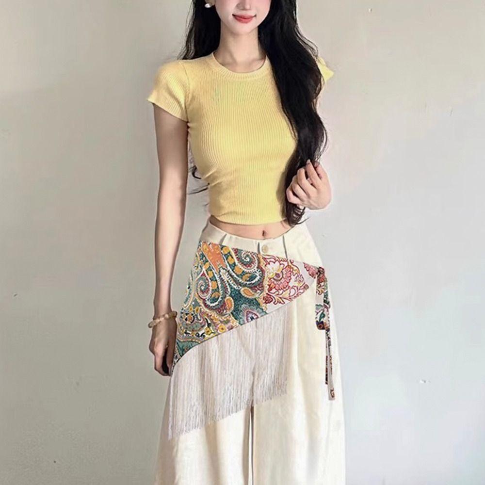 Ethnischer Dreieckiger Bund Quasten Saum Rock mit Breitem Gürtel Kleid Jeans Dekor