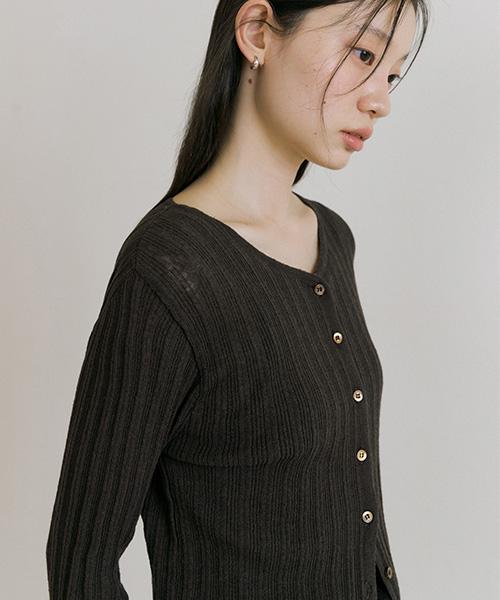 Lingseoul Linen Blended Ribbed Knit Cardigan-Brown