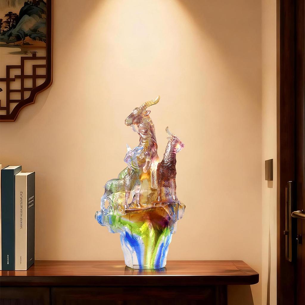 Three Rams Auspicious Dawn LIULI Figurine Oriental Classical Chinese Handcrafted Sculpture for Living Room Entryway Office - New Chinese Style Home