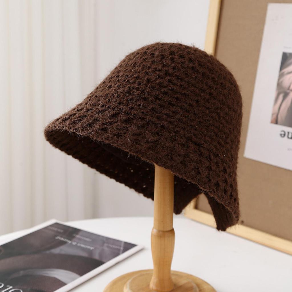 French Style Round Top Knit Bucket Hat - Women'S Winter Fisherman Cap With Hollow-Out Design, Warm Rolled-Edge Outdoor Headwear