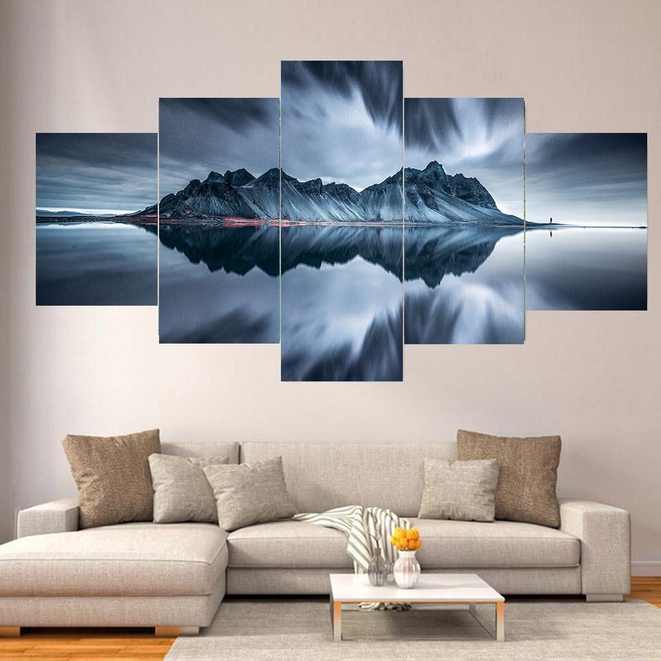 5 Panels Landscape Iceland lMountain Reflection Canvas Painting Posters and Prints Wall Art Pictures Room Home Decor No Frame