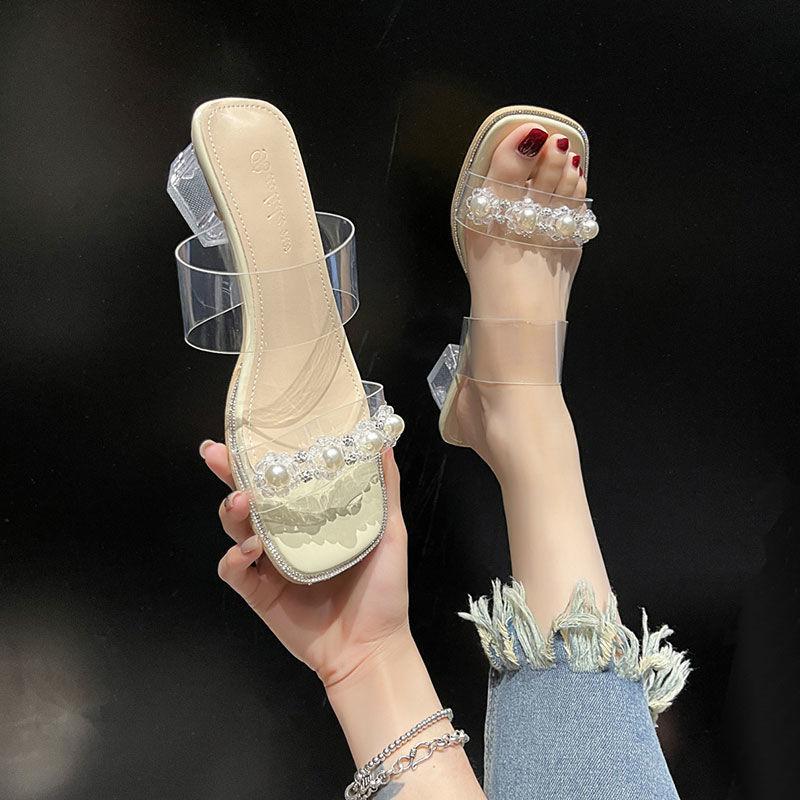 French thick heel cool slippers women's summer wear 2025 new fairy style pearl word with transparent crystal high heels