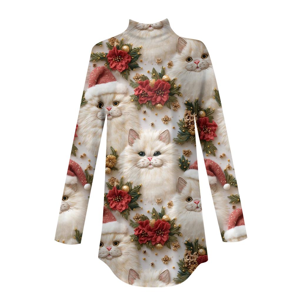 Damen Herbst Casual Langarmshirts Sweatshirt Vintage Bedrucktes High Neck Top Pullover