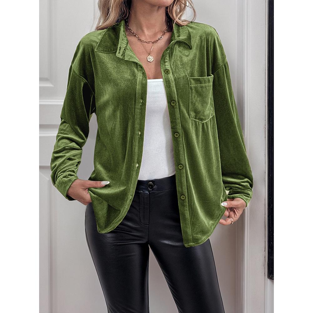 Damen Samt Button-Down Hemden Herbst Schick Lässig Vintage Oberteile V-Ausschnitt Raffinierte Blusen Langarm T-Shirts für Damen