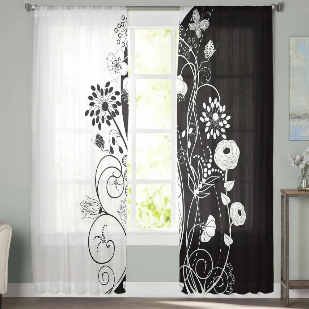 Czarno-biały wzór kwiatowy tiulowe zasłony do salonu dekoracja sypialni przezroczysta szyfonowa zasłona okienna z prześwitującego woalu