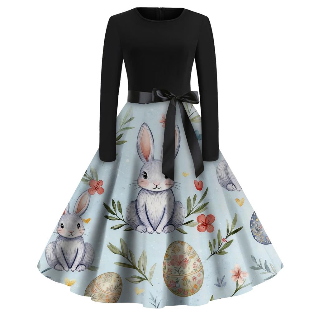 Women's Fashion Round Neck Casual Slim-fit Easter Printed Large Swing Long Sleeve Dress