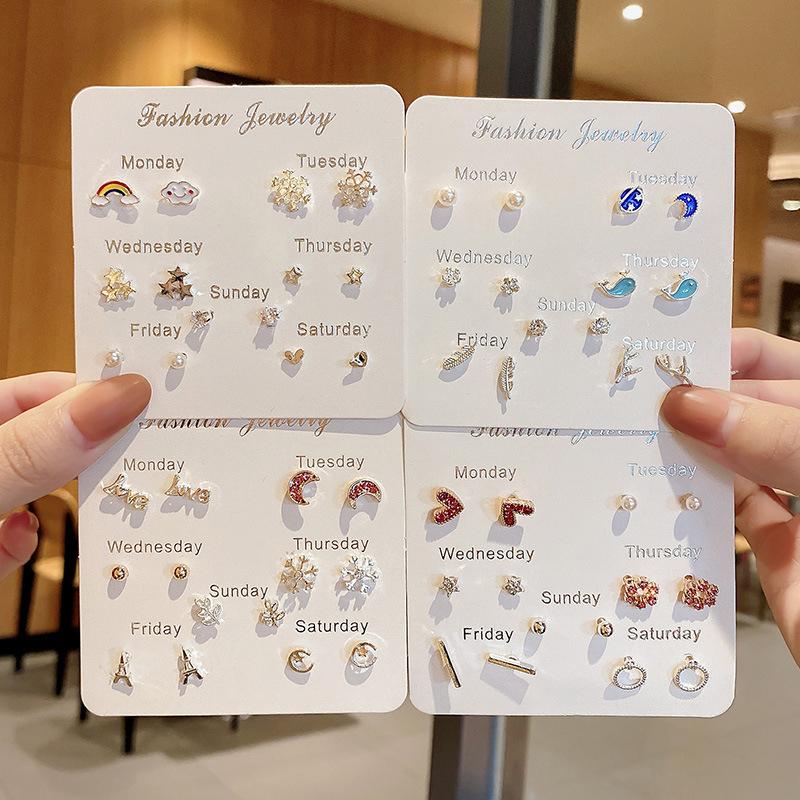 Stud Earrings Set For Women Statement Heart Star Snowflake Flower  Pearl One Week Minimalist Set Of Earrings Gift