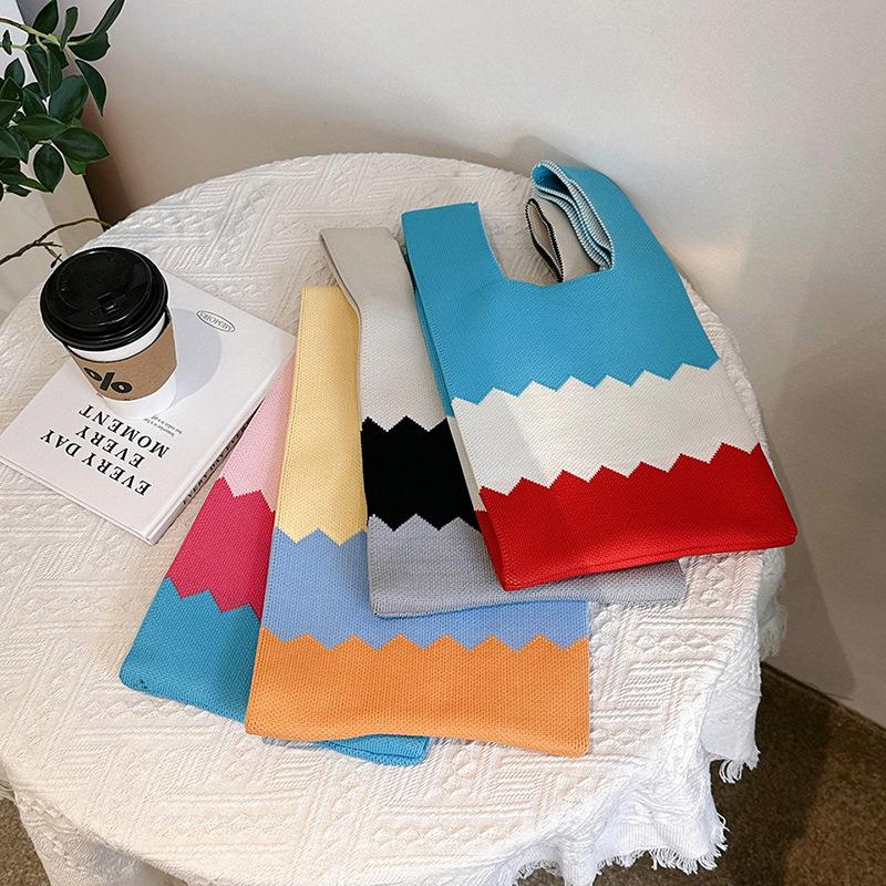 Yogodlns Sommer Strikket Strandveske For Kvinner Liten Stripe Vevet Retikulert Topphåndtak Veske Dame Firkantede Skuldervesker Mote Håndvesker