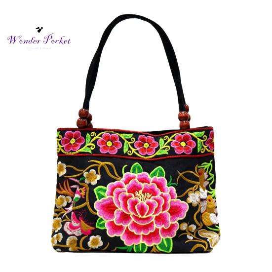 Modische Damen-Handtasche mit ethnischer Pfingstrosen-Stickerei, Perlengriff, Reißverschluss, Segeltuch-Einkaufstasche