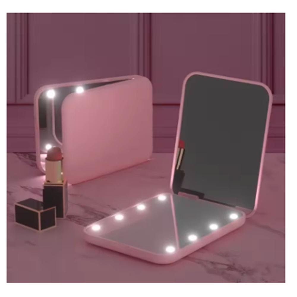 

Мини компактное светодиодное зеркало для макияжа с подсветкой, 2-кратное увеличение, маленькое карманное портативное дорожное розовое черное складное косметическое зеркало для туалетного столика 8.5x6.4cm розовый