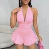 Sexy Deep V-neck Short Dress Summer New Slimming Halterneck Skirt for Women