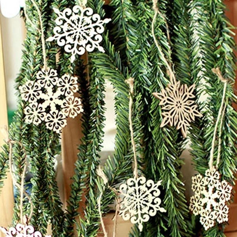10pcs Wooden Embellishments with String Christmas Decoration Snowflake Pattern
