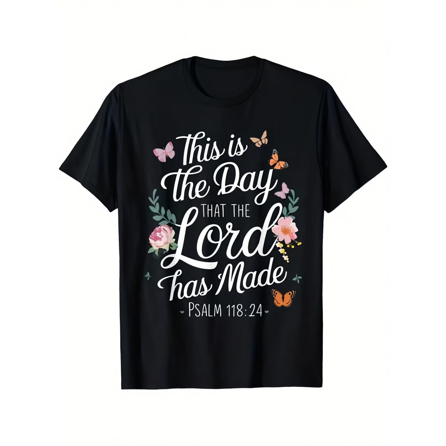 Unisex Black Vintage Christian Faith T-Shirt - Psalm 118:24 Bible Verse This Is The Day The Lord Has Made with Floral Butterfly & Psalm Design S чёрный