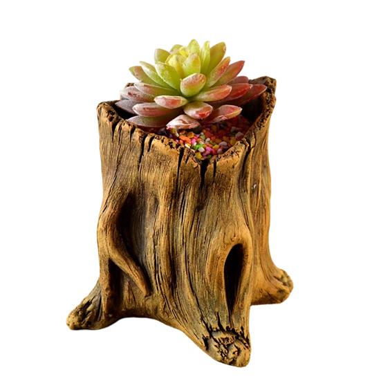 Flowerpot Hand-Painted Imitation Old Tree Stump Shape Outdoor Garden Planter Cement Texture Weatherproof Plant Container