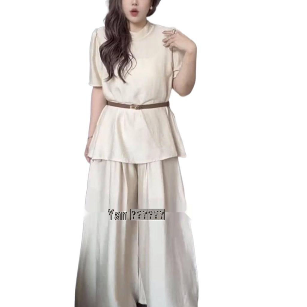 Plus Size Chic French Style Summer Suit: Short Sleeve Top & Wide-Leg Pants Set