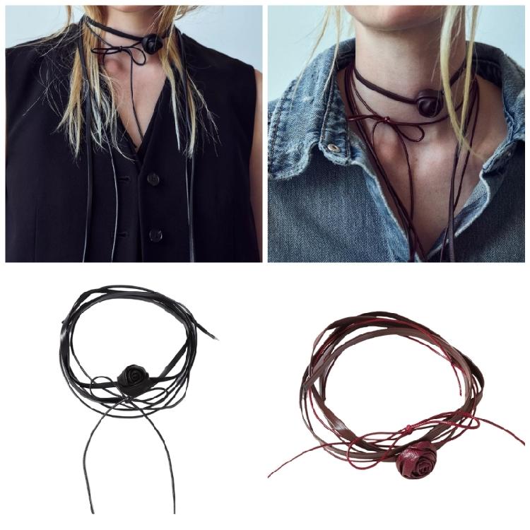 Multi Strand PU Leather Choker Necklace for Women Handmade Camellia Flower Clavicle Chain Party Wear Neck Accessories