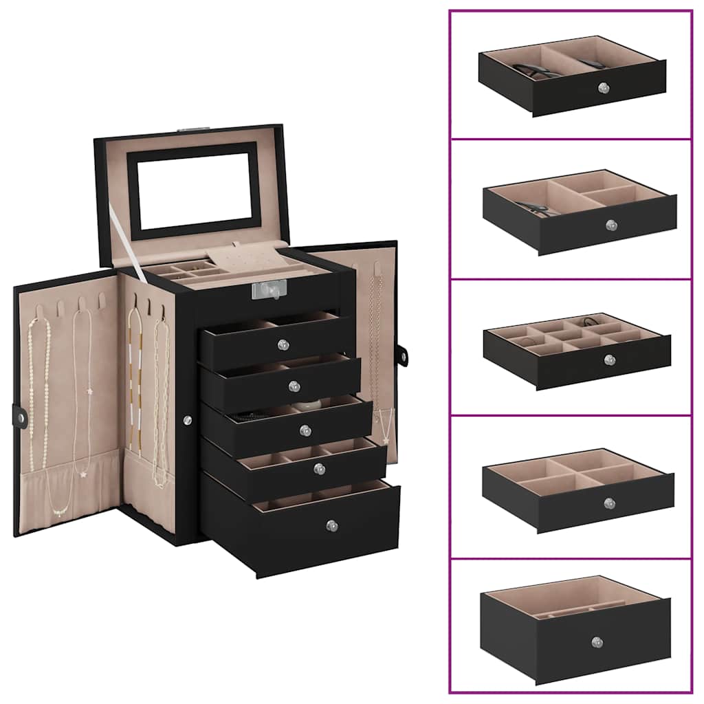 6 Tier Jewelry Box with Mirror and Lock Black