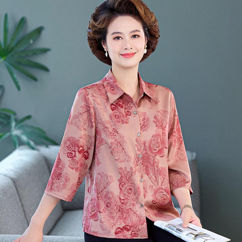 

Stylish Printed Silk Shirt for Mom – Summer Short-Sleeve Top for Middle-Aged & Elderly Women 5XL (recommended 75-82.5 kg) рожевий
