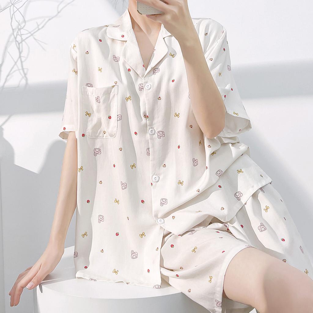 Anti-bumping cardigan pajamas women's summer short-sleeved shorts two-piece loungewear can be worn outside cotton ribbon chest pad set
