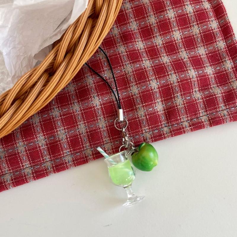 Miniature Drink Cup Keychain with Fruit Pendant Beaded Keyring Bag Accessories Gift for Women and Girls