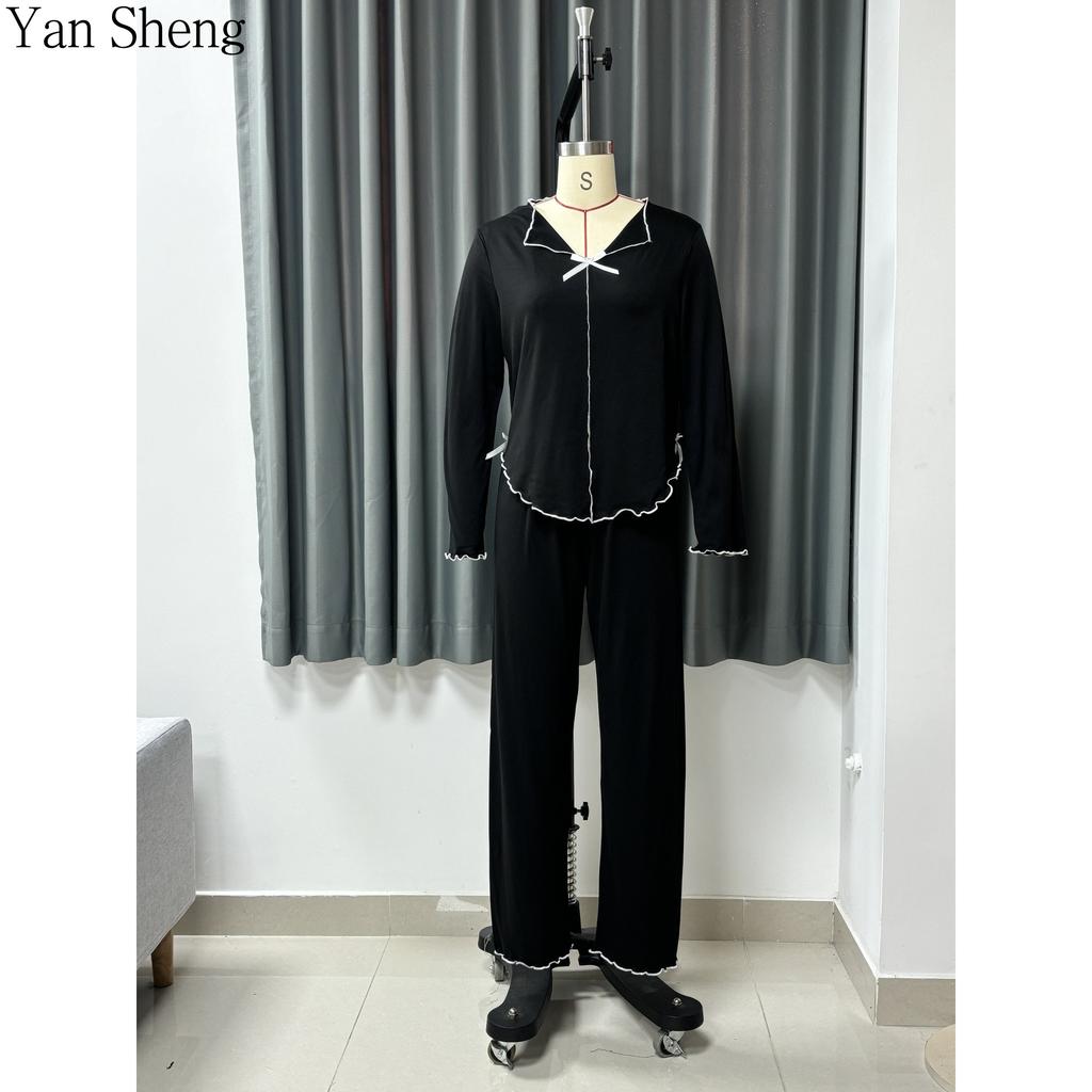 Long Sleeve Pajamas Set Women's Lapel Solid Color Home Clothes Knitted Cardigan Two-Piece Set