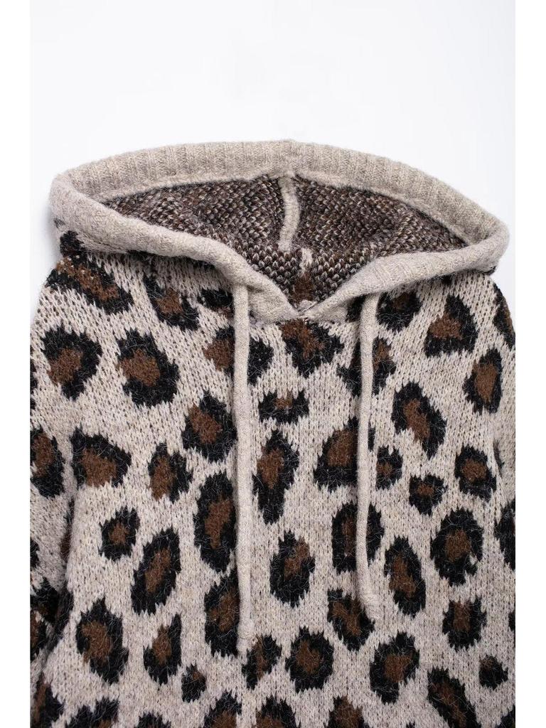 Women's Leopard Print Hooded Knit Sweater - Winter 2024 European and American Style