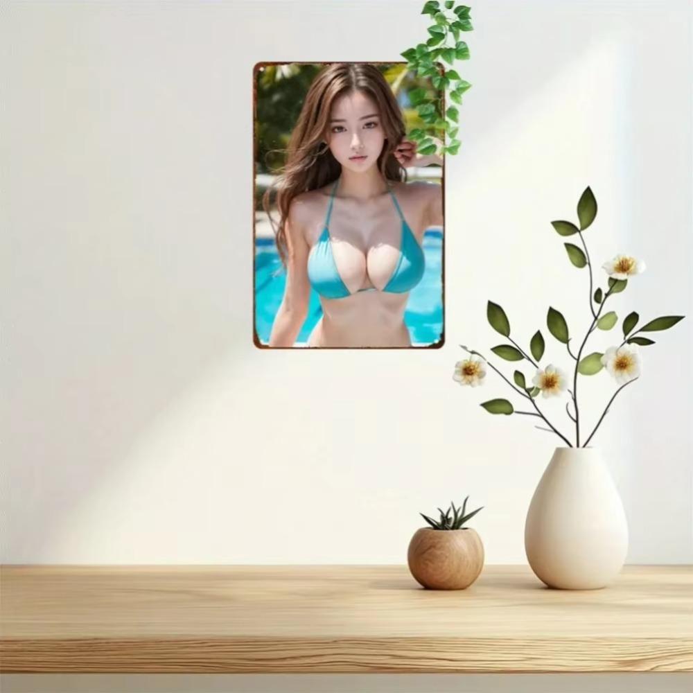 Anime Girl Retro Metal Tin Sign Vintage Wall Art Blue Bikini Decor