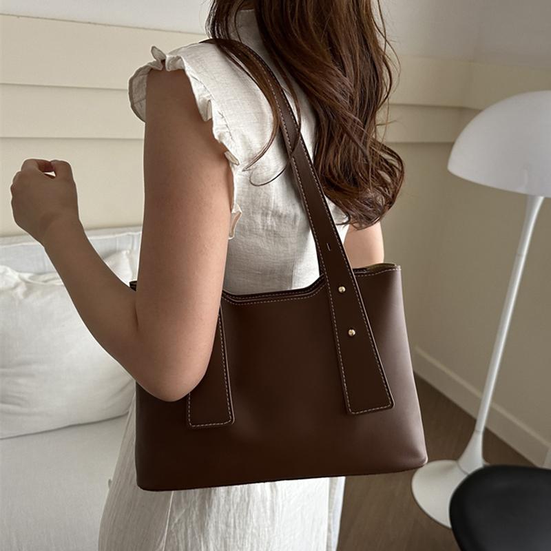 2024 New Trendy Large Capacity Tote Bag For Women Texture Pu Leather Ladies Commuter Handbags Simple Solid Travel Shoulder Purse