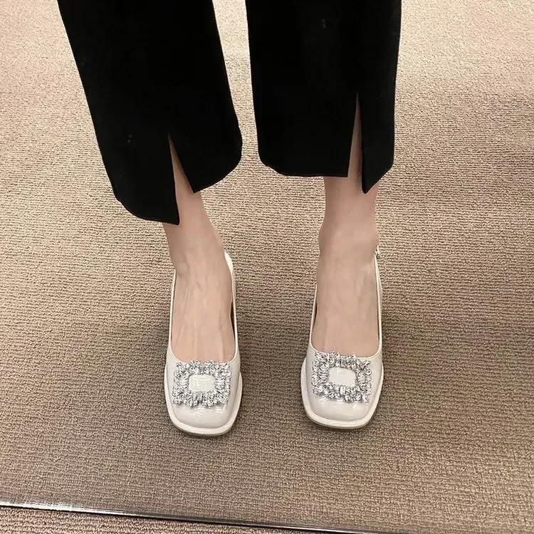 

Fashion Summer New Baotou Sandals Women s French Retro Square Headed Water Diamond Buckle Back Hollow Thick Heel Sandals Large 42 34