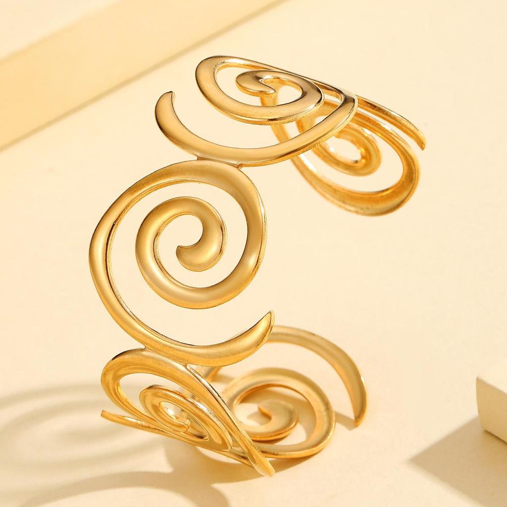 Vintage Hollow Spiral Open Cuff Gold-Plated Stainless Steel Bracelet for Women