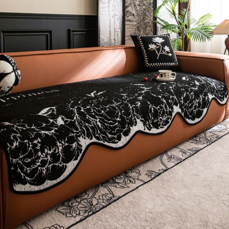 Non-Slip Couch Slipcover Protector Universal Irregularity Sofa Cushion European Style Retro  Black White Flowers Sofa Cover