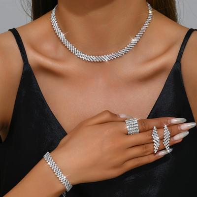 New Style Luxury Rhinestone Geometric Jewelry Set: Necklace, Earrings, Ring, and Bracelet