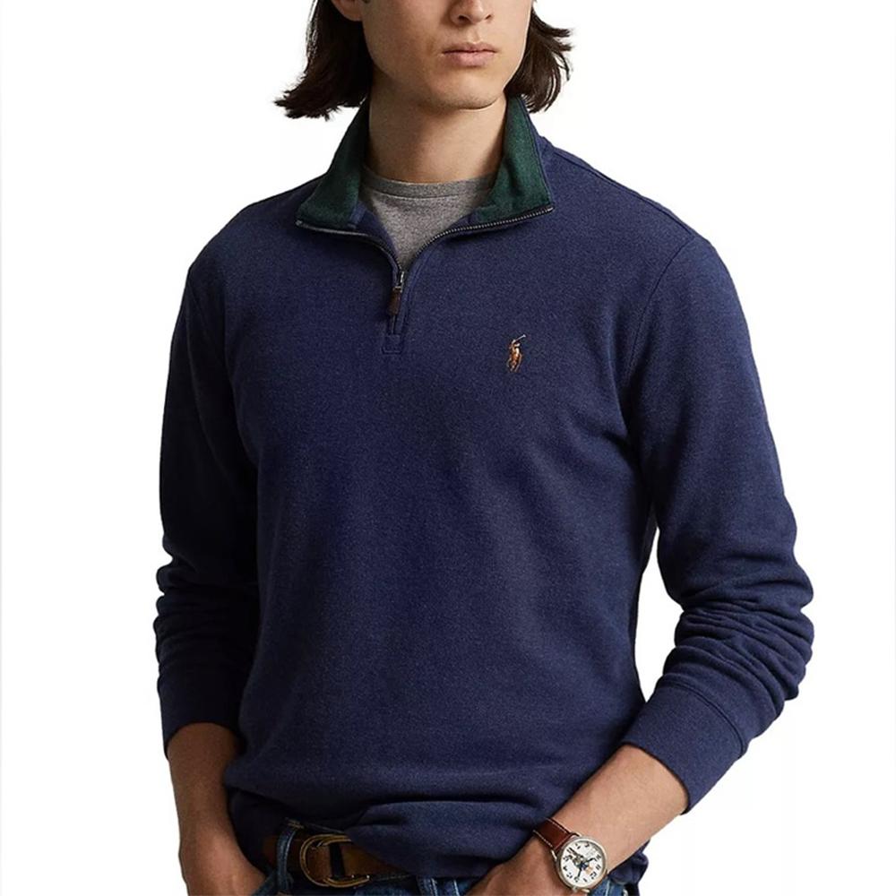 Polo Ralph Lauren Couleur Unie Col Montant Demi-Zip Pull-Over Manches Longues Sweat Homme Bleu 710877001-004