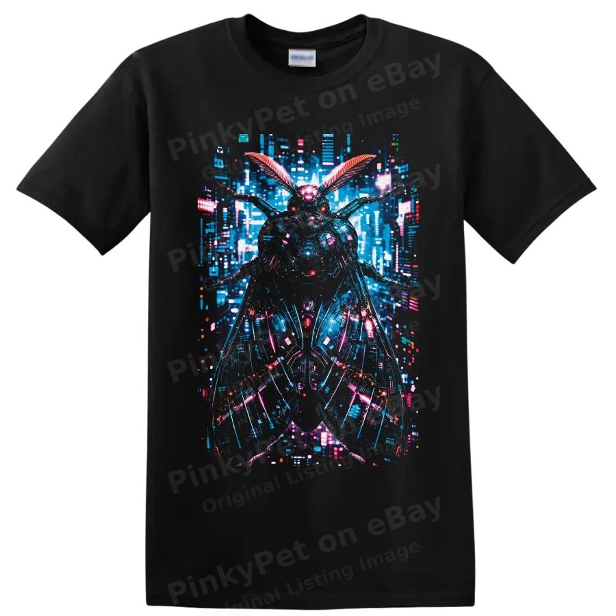Cyberpunk Moth T Shirt Neon Futuristic Insect Cityscape Graphic Art Tee Gift