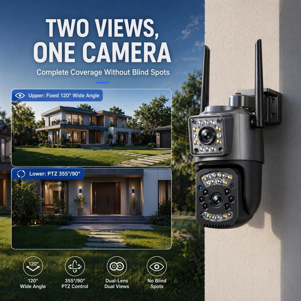 Kamera zewnętrzna V380 PRO z podwójnym obiektywem, podwójnym ekranem, HD 8MP 4K, kamera WIFI z mobilnym śledzeniem, kolorowe widzenie nocne, dwukierunkowy domofon, kamera bezpieczeństwa