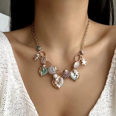Vintage Glazed Colorful Starfish Scallop Pendant Necklace Boho Exaggerated Metal Shell Pearl Necklace Women Summer Beach Jewelry