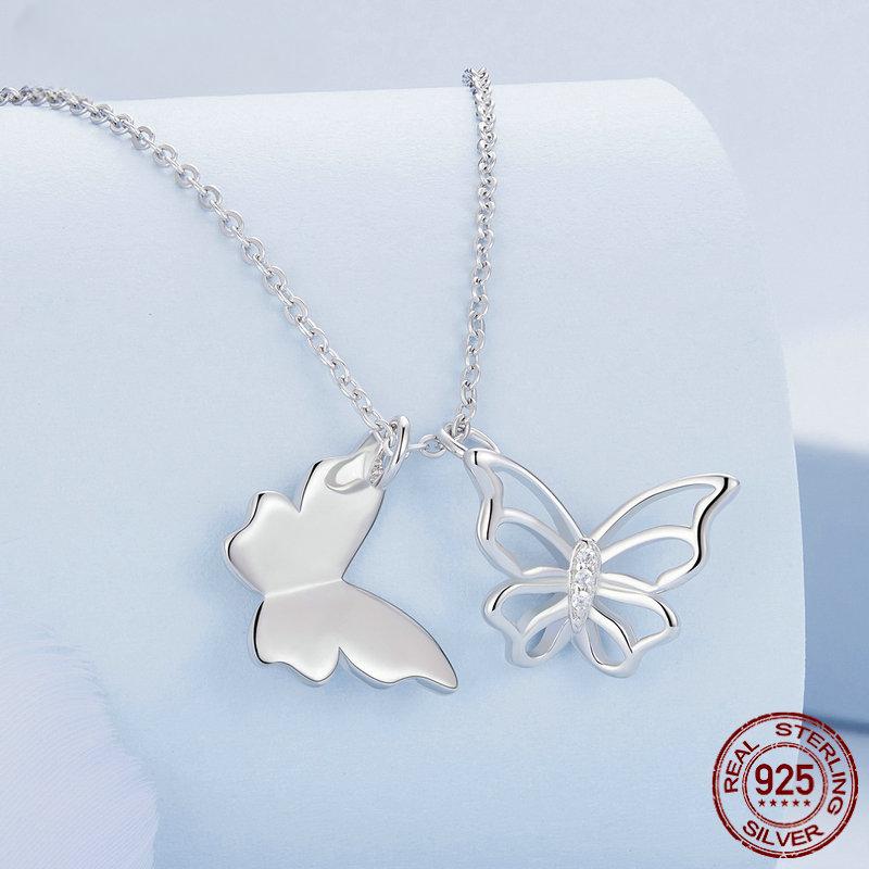 S925 Sterling Silver Double Butterfly Pendant Necklace for Women Platinum Plated Delicate Fine Jewelry Birthday Gift
