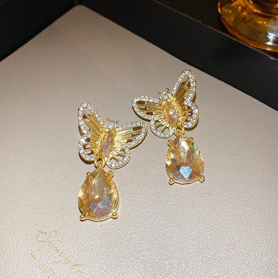 Silver Needle Diamond Hollow Butterfly Pendant Earrings Retro Court Style Earrings Fashion Temperament Earrings Design Sense Niche